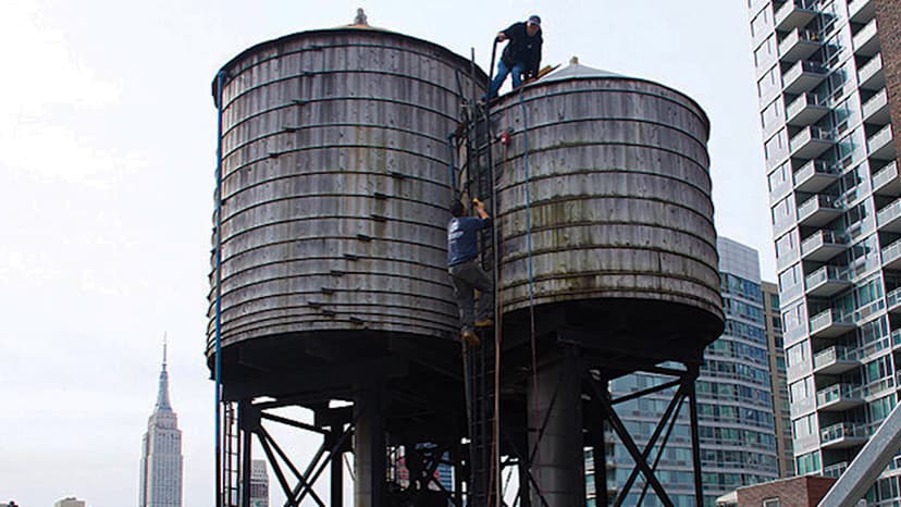 Aerial view of NYC buildings showing numerous water tanks across the skyline