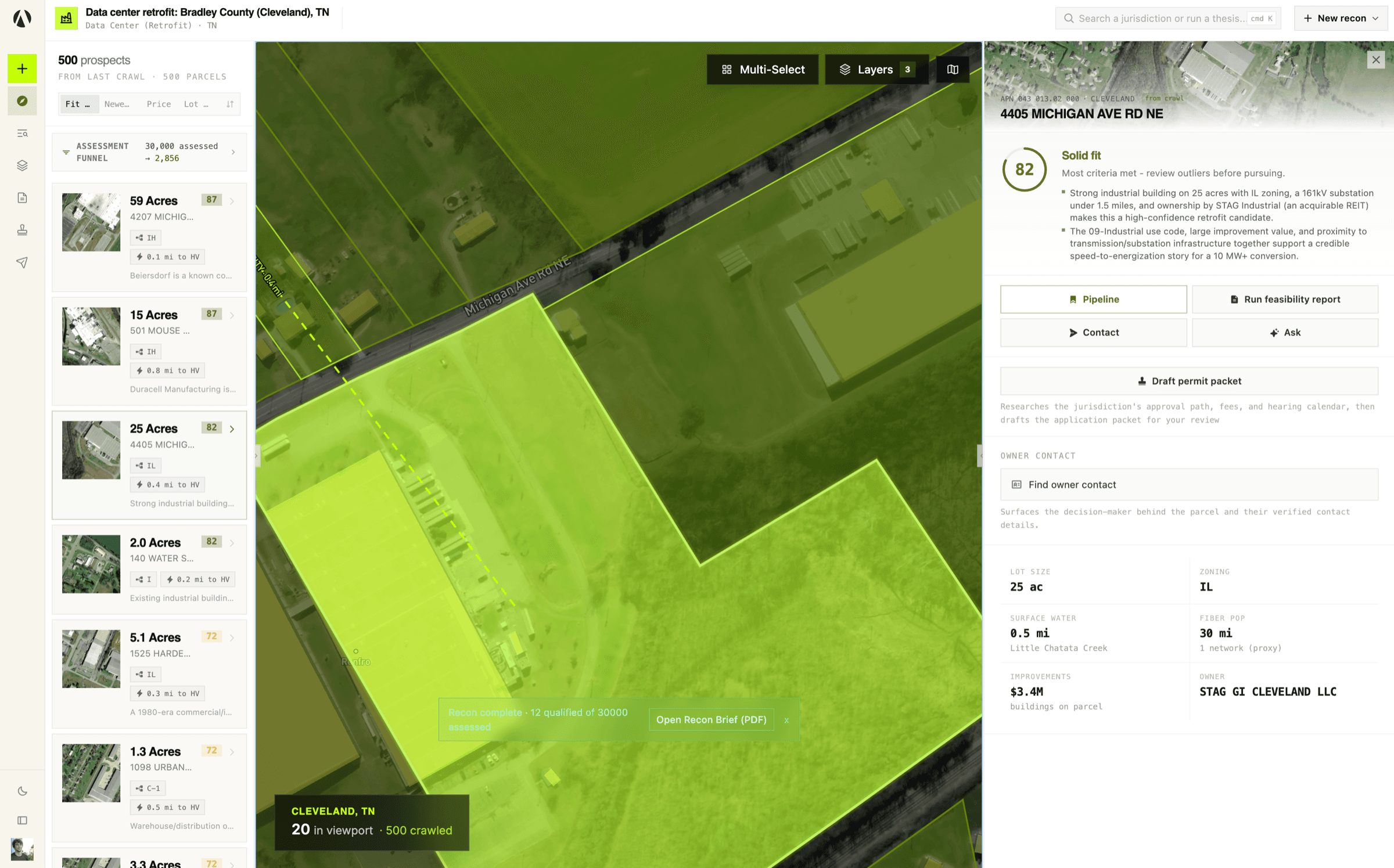 Atria Scout - live crawl with parcels scored against an acquisition thesis, overlaid on satellite imagery